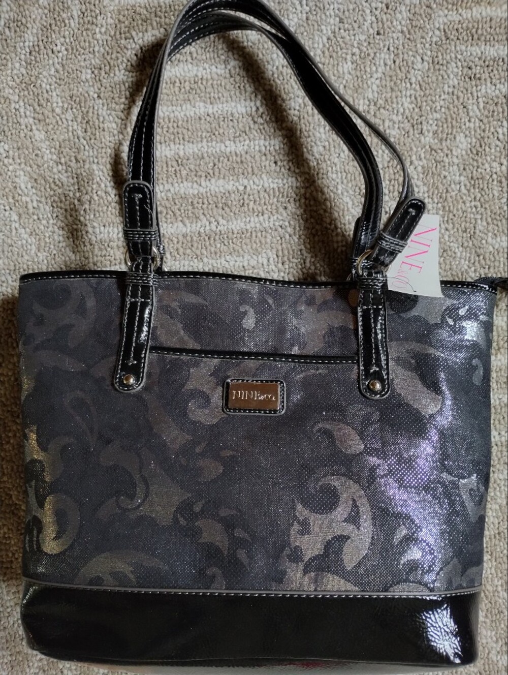 Nine & Co. Black Shimmery Patterned Tote with Patent Trim